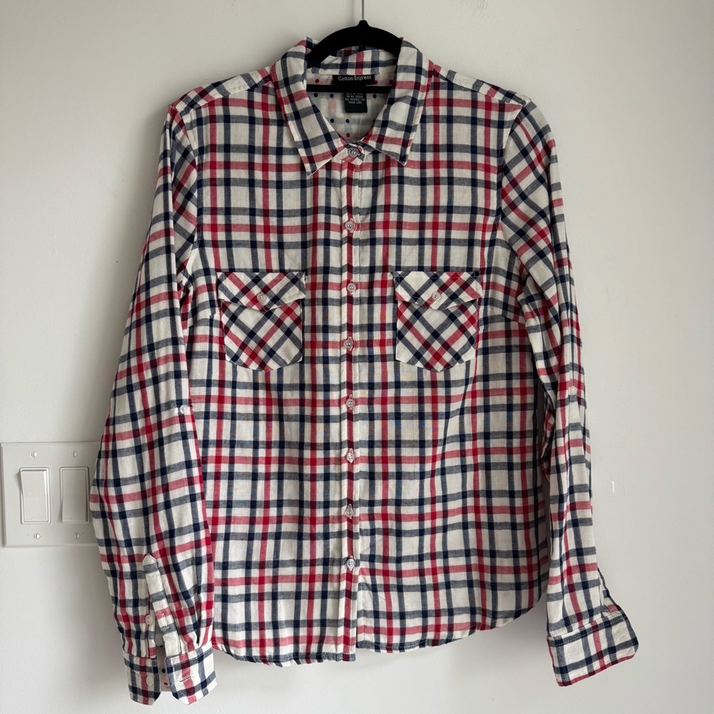 Cotton Express Plaid Button Up Shirt 100% Cotton Double Layer Women’s Large NEW